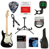 

Fender Player Stratocaster Electric Guitar, 22 Frets, Modern "C" Shape and Maple Neck, Maple Fingerboard, Gloss Polyester, Black - With 9 Pack Accessory Bundle