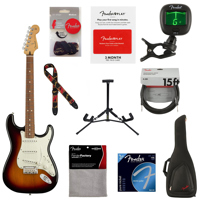 

Fender Player Stratocaster Electric Guitar, 22 Frets, Modern "C" Shape and Maple Neck, Pau Ferro Fingerboard, Gloss Polyester, 3-Color Sunburst - With 9 Pack Accessory Bundle