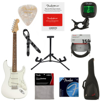 

Fender Player Stratocaster Electric Guitar, 22 Frets, Modern "C" Shape and Maple Neck, Pau Ferro Fingerboard, Gloss Polyester, Polar White - With 9 Pack Accessory Bundle