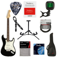 

Fender Player Stratocaster Electric Guitar, 22 Frets, Modern "C" Shape and Maple Neck, Pau Ferro Fingerboard, Gloss Polyester, Black - With 9 Pack Accessory Bundle