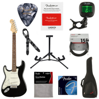 

Fender Player Stratocaster Left-Handed Electric Guitar, 22 Frets, Modern "C" Shape and Maple Neck, Pau Ferro Fingerboard, Gloss Polyester, Black - With 9 Pack Accessory Bundle