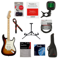 

Fender Player Stratocaster HSS Electric Guitar, 22 Frets, Modern "C" Shape and Maple Neck, Maple Fingerboard, Gloss Polyester, 3-Color Sunburst - With 9 Pack Accessory Bundle