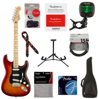 

Fender Player Stratocaster Plus Top Electric Guitar, 22 Frets, Modern "C" Shape Maple Neck, Maple Fingerboard, Gloss Polyester, Aged Cherry Burst - With 9 Pack Accessory Bundle
