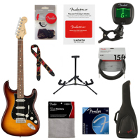 

Fender Player Stratocaster Plus Top Electric Guitar, 22 Frets, Modern "C" Shape Maple Neck, Pau Ferro Fingerboard, Gloss Polyester, Tobacco Sunburst - With 9 Pack Accessory Bundle