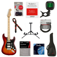 

Fender Player Stratocaster HSS Plus Top Electric Guitar, 22 Frets, Modern "C" Shape Maple Neck, Maple Fingerboard, Gloss Polyester, Aged Cherry Burst - With 9 Pack Accessory Bundle
