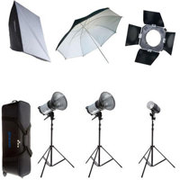 

Flashpoint 3 Monolight Strobe Outfit with Stands, Umbrella, Soft Box, Barn Doors & Large Carrying Case