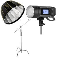 

Flashpoint XPLOR 400PRO TTL Battery-Powered Monolight + Flashpoint 10' C (Century) Light Stand on Turtle Base Kit w/40" Grip Arm & 2 Gobo Heads and Baby Pin - Chrome + Glow EZ Lock Deep Parabolic Quick Softbox (48")
