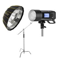 

Flashpoint XPLOR 400PRO TTL Battery-Powered Monolight + Glow EZ Lock Collapsible Silver Beauty Dish (34") + Flashpoint 10' C (Century) Light Stand on Turtle Base Kit w/40" Grip Arm & 2 Gobo Heads and Baby Pin - Chrome