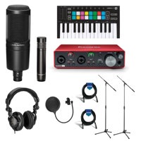 

Focusrite Scarlett 2i2 2x2 USB Audio Interface + Novation Launchkey Mini MK3 Keyboard Controller + Audio-Technica AT2041SP + 2x 25' XLR Cable + Closed-Back Studio Headphones + POP Filter + 2x Mic Stands
