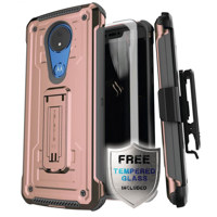 

Ghostek Iron Armor 2 Rugged Kickstand Case with Holster Belt Clip and Tempered Glass Screen Protector for Moto G7 Power and G7 Supra Smartphone, Rose Gold