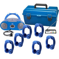 

Hamilton Buhl 6 Person Wireless Listening Center with MPC5050 BoomBox, 6 FLEXW1 Headphones (Blue) & LCP Carrying Case