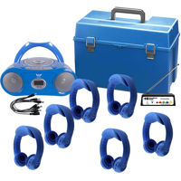 

Hamilton Buhl 6 Person Wireless Listening Center with MPC5050 BoomBox, 6 FLEXW1 Headphones (Blue) & HMC Carrying Case