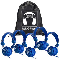 

Hamilton Buhl Sack-O-Phones - 5x Favoritz Headsets with In-Line Microphone and TRRS Plug with One Carry Bag, Blue