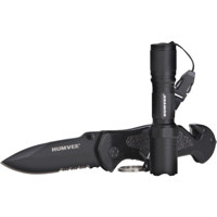

Humvee Gear Emergency / Rescue Combo, Folding Knife with 3.25" Black Steel Serrated Blade, Overall Length 8" & 1/2 watt LED Flashlight, 4" Overall Length