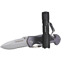 

Humvee Gear Emergency Rescue Folding Knife with Drop Point Half Serrated Blade and LED Light Combo, Gray/Black