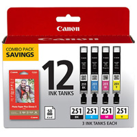 

Canon CLI-251 12 Ink Combo Pack with Canon Photo Paper Plus Glossy 4x6" 50 Sheets for MG7520, MG5620, MG6620 Printers