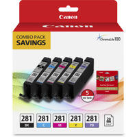 

Canon CLI-281 BKCMYB Combo 5-Pack of Black, Cyan, Magenta, Yellow, and Photo Blue Ink Tanks with 5x5" 20 SHeets Glossy Paper