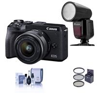 Canon EOS M6 Mark II Mirrorless Digital Camera with EF-M 15-45mm IS STM Lens & EVF-DC2 Viewfinder, Black - With Flashpoint Zoom Li-on X R2 TTL On-Camera Round Flash, 49mm Filter Kit, Cleaning Kit