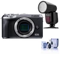 Canon EOS M6 Mark II Mirrorless Digital Camera Body, Silver - With Flashpoint Zoom Li-on X R2 TTL On-Camera Round Flash Speedlight For Canon, Cleaning Kit