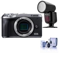 

Canon EOS M6 Mark II Mirrorless Digital Camera Body, Silver - With Flashpoint Zoom Li-on X R2 TTL On-Camera Round Flash Speedlight For Canon, Cleaning Kit