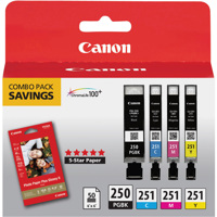 

Canon PGI-250 and CLI-251 4-Cartridge Combo Pack, Includes Photo Paper Plus Glossy II, CLI-251C, CLI-251Y and CLI-251M Ink Tank, PGI-250PGBK Black Ink Tank