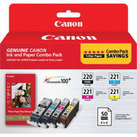 

Canon Combo Pack, PGI-220 Black / CLI-221 CMY with PP-201 4x6" Glossy Inkjet Photo Paper , 50 Sheets