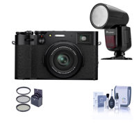 

Fujifilm X100V Digital Camera, Black - With Flashpoint Zoom Li-on X R2 TTL On-Camera Round Flash Speedlight For Fuji, 49mm Filter Kit, Cleanink Kit