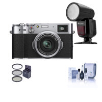 

Fujifilm X100V Digital Camera, Silver - With Flashpoint Zoom Li-on X R2 TTL On-Camera Round Flash Speedlight For Fuji, 49mm Filter Kit, Cleanink Kit