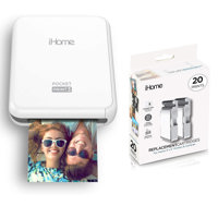

iHome PocketPrint3 Smartphone Photo Printer, White - With iHome 3x3" Ink + Square Paper Cartridge with 10-Sheets, 2-Pack