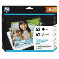 

HP 62 Photo and Card Value Pack, 30 Sheet/4 x 6" and 15 Sheet/5 x 7", 10 Envelopes