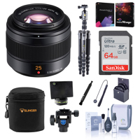 

Panasonic Lumix G Leica DG Summilux II 25mm f/1.4 Aspherical Lens for Micro 4/3 System - Bundle With Lens Case, 64GB SDXC Card, 4 Section Aluminum Monopod, Flex Lens Shade, Pro Software Pack, And More
