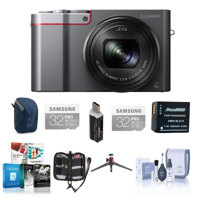 

Panasonic Lumix DMC-ZS100 Digital Camera, 20.1MP, Silver - Bundle with 2x 32GB Class 10 U3 SDHC Card, Camera Case, Spare Battery, Cleaning Kit, Memory Wallet, 3Pod Table Top Tripod, Card Reader, Charger, Software Package