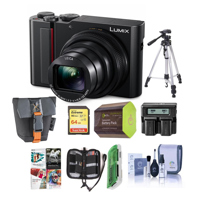 

Panasonic Lumix DMC-ZS200 Digital Point & Shoot Camera, Black - Bundle With 64GB SDHC U3 Card, Camera Case, Spare Battery, Tripod, Dual Charger, Cleaning Kit, Memory Wallet, Card reader, Pc Software Package