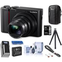 

Panasonic Lumix DMC-ZS200 Digital Point & Shoot Camera, Black - Bundle With 64GB SDHC U3 Card, Camera Case, Spare Battery, Table Top Tripod, Compact Charger, Peak Camera Cuff Wrist Strap Charcoal