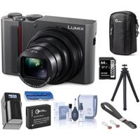 

Panasonic Lumix DMC-ZS200 Digital Point & Shoot Camera, Silver - Bundle With 64GB SDHC U3 Card, Camera Case, Spare Battery, Table Top Tripod, Compact Charger, Peak Camera Cuff Wrist Strap Charcoal