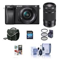 Sony Alpha A6000 Mirrorless Digital Camera with 16-50mm f/3.5-5.6 OSS & 55-210mm f/4.5-6.3 OSS Lenses Black - Bundle With 16GB SDHC Card, Camera Bag, 49mm Filter Kit, Cleaning Kit, PC Software package