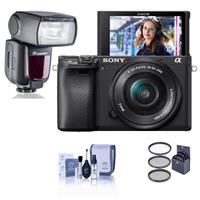 Sony Alpha a6400 24.2MP Mirrorless Digital Camera with 16-50mm f/3.5-5.6 OSS Lens - With Flashpoint Zoom TTL R2 Flash with Integrated R2 Radio Transceiver, Sony, 40.5mm Filter Kit, Cleaning Kit