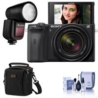 Sony Alpha a6600 Mirrorless Digital Camera with 18-135mm Lens - With Flashpoint Zoom Li-on X R2 TTL On-Camera Round Flash Speedlight For Sony, Shoulder Bag, Cleaning Kit