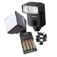 

Sony HVL-F32M TTL External Flash for Sony alpha7 Series Cameras - Bundle with 4 AA NiMH 2500mAh Batteries/Charger, Mini Soft Box Diffuser, Triple Shoe Mount Bracket, Guide Number 105' at ISO 100 and 105mm