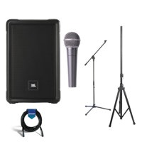 

JBL IRX108BT 8" Two-Way Portable Powered PA Loudspeaker with Bluetooth - Behringer ULTRAVOICE XM8500 Dynamic Cardioid Vocal Microphone - 6' Speaker Stand - Mic Stand - 20' XLR Cable