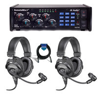 

JK Audio RemoteMix 2 Broadcast Field Mixer, 2x XLR Mic Jacks & 1/4" Headphone Jacks Inputs - With 2 Pack Audio-Technica Broadcast Stereo Headset with Dynamic Boom Mic, 20' Mic Cable,Male to Female XLR