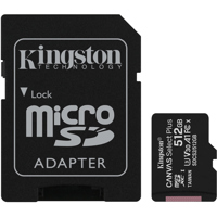 

Kingston Technology Canvas Select Plus 512GB microSDXC UHS-I Class 10 Memory Card with SD Adapter, 100MB/s Read, 85MB/s Write