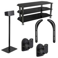 

Mount-It! Home Entertainment Bundle Includes - Three Tempered Glass Shelf TV Stand, Universal Sound Bar TV Mount Bracket, Floor Mount Stand, Speaker Wall Mount
