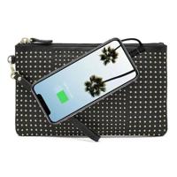 

Mighty Purse Wristlet with Built-In Phone Charger, Genuine Leather, Black with Small Gold Studs