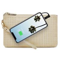 

Mighty Purse Wristlet with Built-In Phone Charger, Genuine Leather, Cream with Small Gold Studs