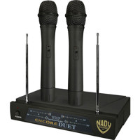 

Nady Encore Duet Dual Wireless Handheld System, Includes Receiver, 2 WHT Handheld Transmitter Microphones, 2 Antennas, Power Supply, A1 & D Band