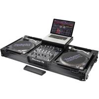 

Odyssey Innovative Designs Black Label Low Profile Glide Style Series Coffin with Wheels for 12" Format DJ Mixer and Two Turntables In Battle Position, Black/Silver