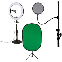 

On-Stage VLD360 10" LED Ring Light Kit - With VSM3000 Green Screen Kit with Lighting Stand, ASVSM5-B Metal Pop Blocker with 13" Flexible Gooseneck