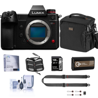 

Panasonic Lumix DC-S1H Mirrorless Digital Camera Body Bundle with 128GB SD Card, Card Case, Bag, Peak Design SlideLITE Strap, Extra Battery, Screen Protector, Cleaning Kit