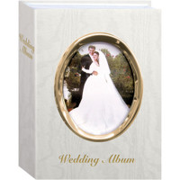 

Pioneer Photo Album WFM-46, Bound Mini Wedding Photo Album with White Oval Framed Cover, 50 Pages Holds 100 4x6" Pictures, Color: Gold With Text.